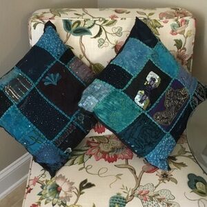 Handmade in India-NWOT-Teal 12x12 Accent Pillow w/Embroidery, Beads, and Sequins